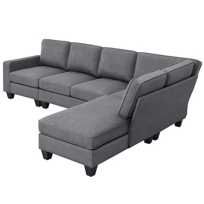 104.3*78.7" Modern L-shaped Sectional Sofa 7-seat Linen Fabric Couch Set with Chaise Lounge and Convertible Ottoman