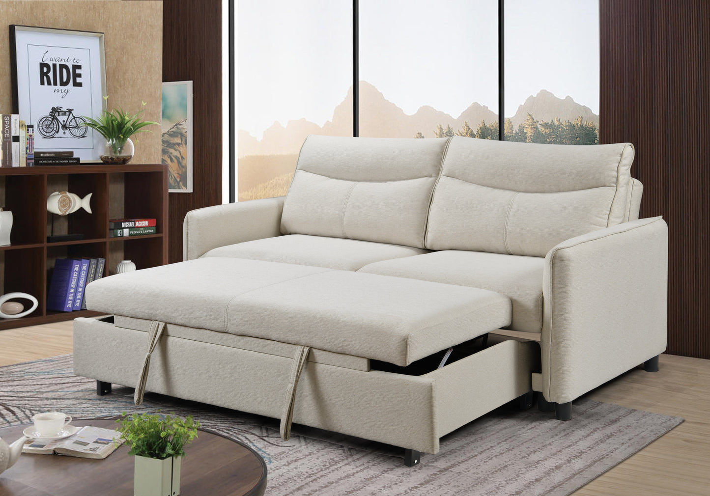 3 in 1 Convertible Sleeper Sofa Bed Modern Fabric Loveseat Futon Sofa Couch w/Pullout Bed Beige